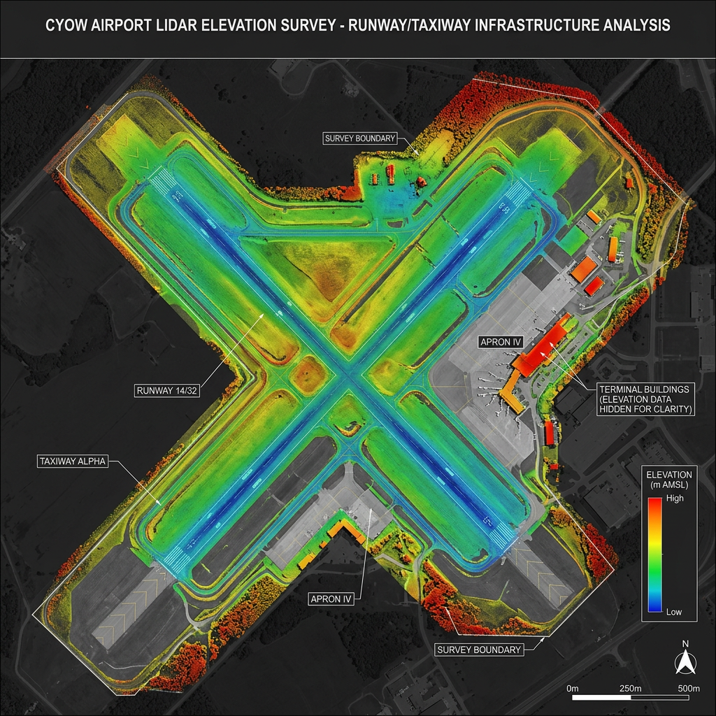 Colour-coded LiDAR elevation survey of an airport’s runways, taxiways, aprons, and surrounding terrain
