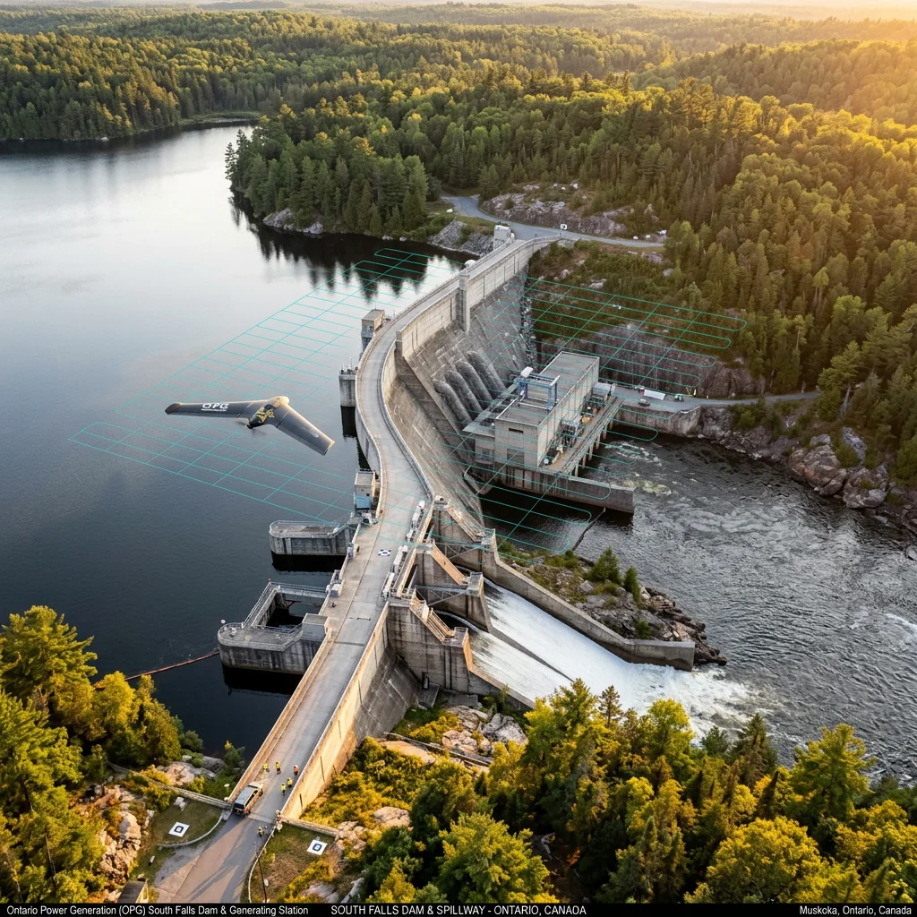Aerial photogrammetry survey of a hydro dam and spillway with mapped flight lines