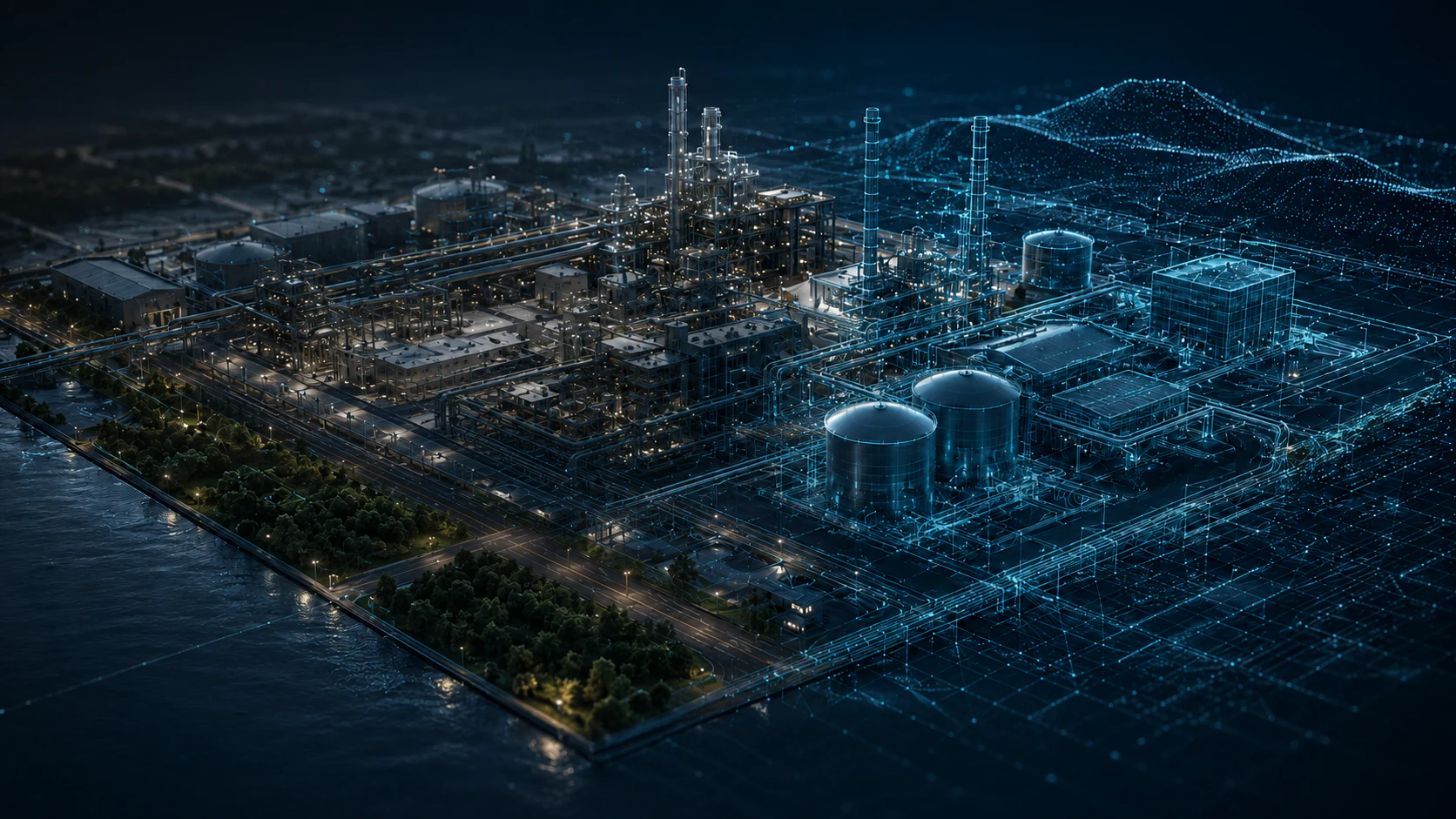 Industrial facility transitioning from aerial photogrammetry into a measurable digital twin