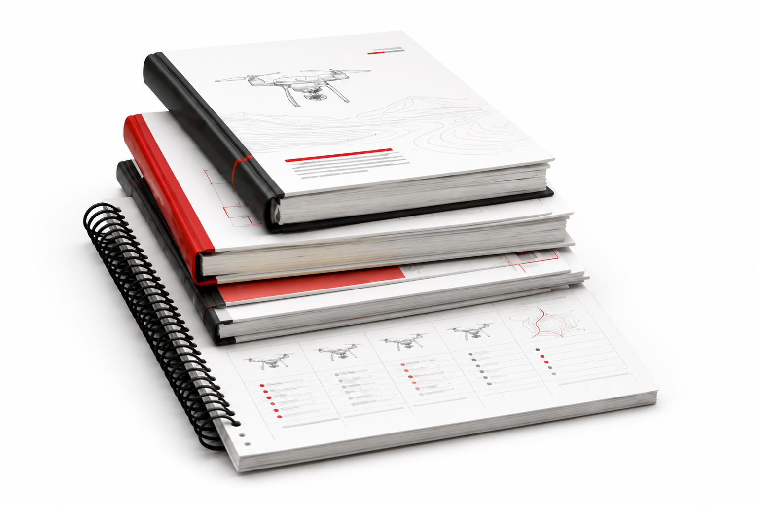 Stack of UAV training manuals, binders, and technical workbooks