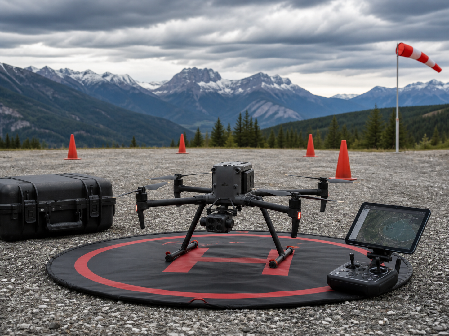 Advanced enterprise drone on a marked landing pad with controller, tablet, windsock and safety cones