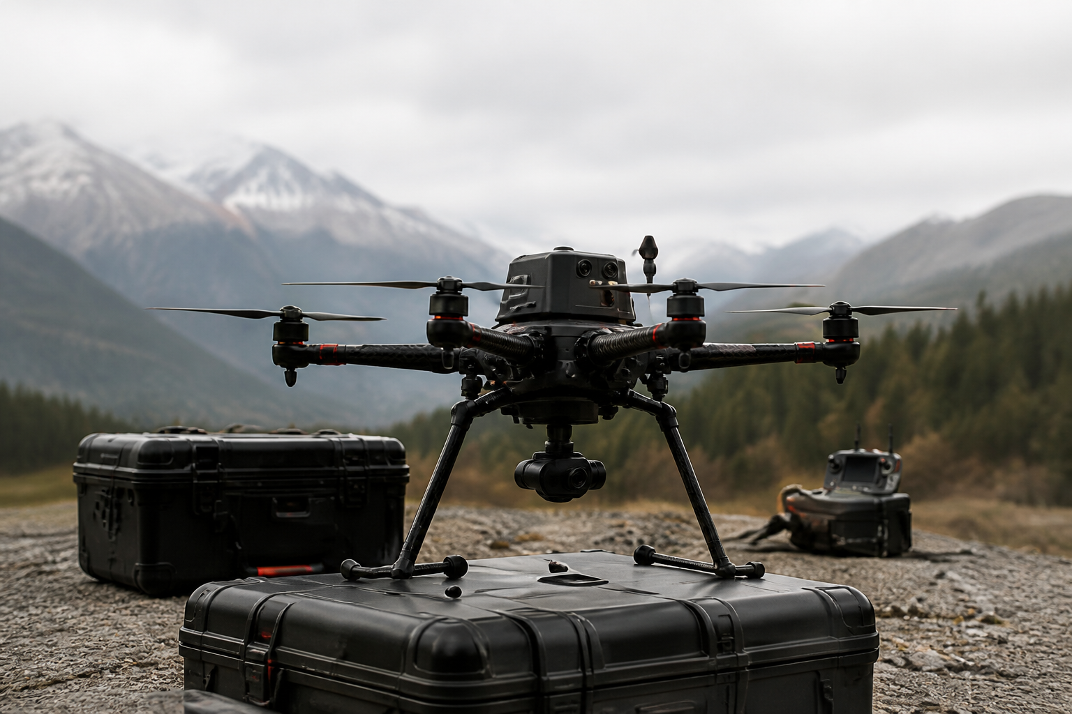 Professional survey drone staged on rugged field cases with mountains in the background