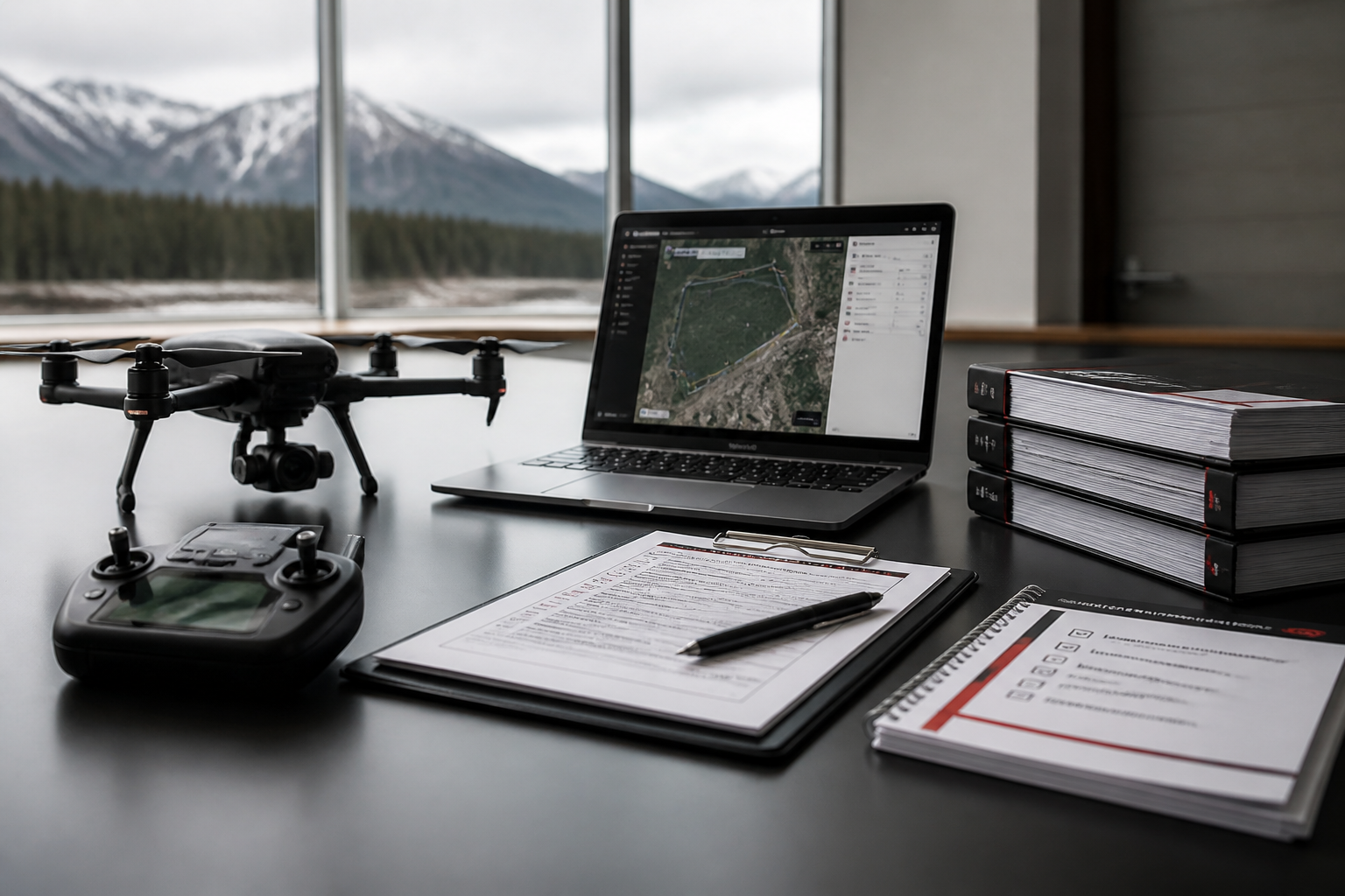 Drone program planning workspace with aircraft, laptop, controller and operations binders